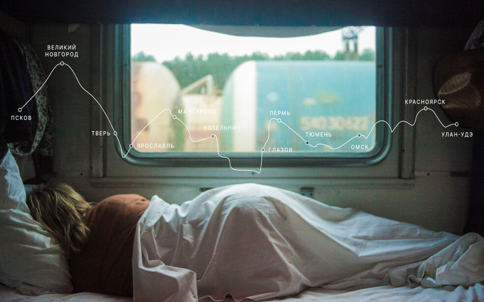 На фотографии девушка лежит вагоне, над ней мини-карта с остановками поезда